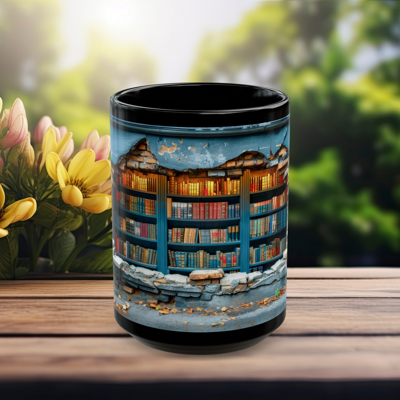 Center view of 15 oz mug with fantasy bookshelf hidden behind distressed stone and concrete wall.
