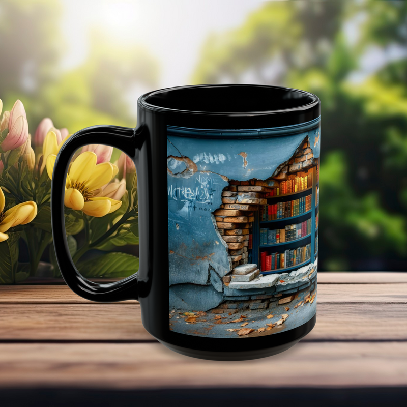 15 oz mug with hidden library wall art exposed through worn bricks – perfect for fantasy and urban art fans.