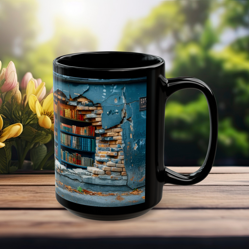 15 oz mug featuring torn blue plaster revealing colorful bookshelf behind – unique gift for book collectors.