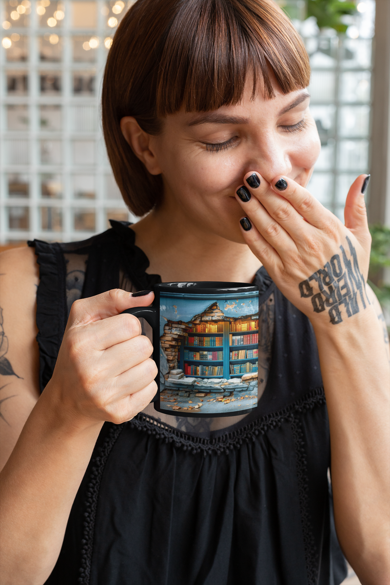 Woman joyfully holding Hidden Library mug featuring vintage bookshelf inside cracked wall – cozy moment for book lovers.
