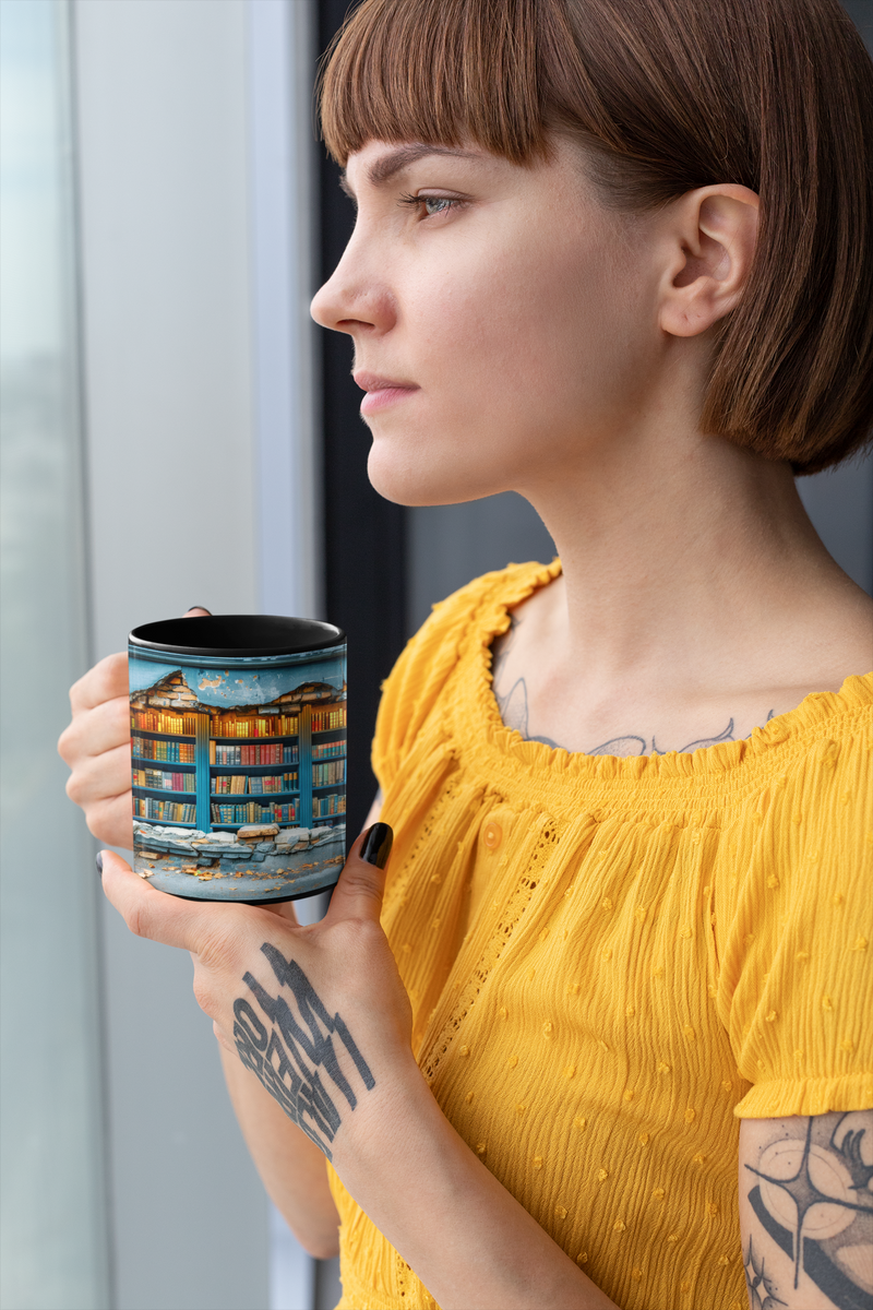 Woman in yellow top gazing out the window while sipping from Hidden Library bookshelf mug – bookish aesthetic.