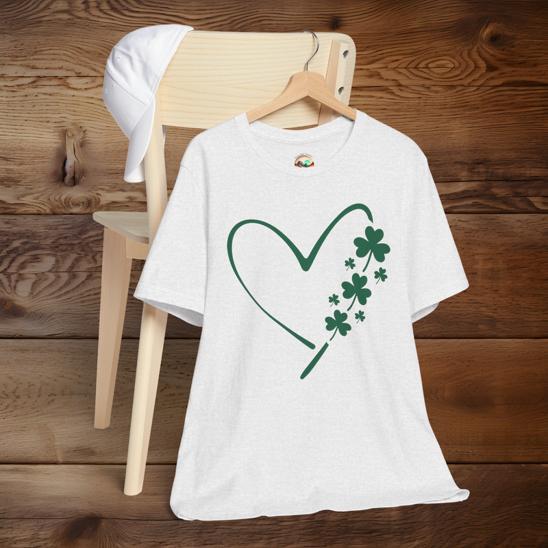 Ash Irish Heart T-Shirt featuring a white heart outline with shamrock clovers perfect for St. Patrick’s Day and Irish pride