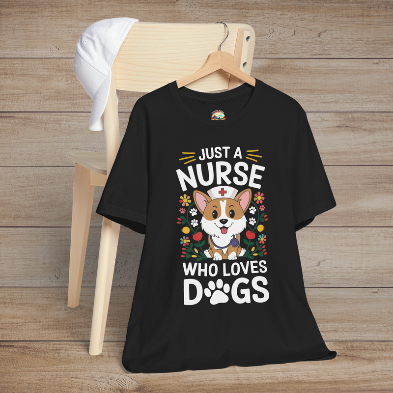 Black t-shirt featuring a cartoon dog wearing a nurse cap, surrounded by colorful flowers and paw prints, captioned Just a Nurse Who Loves Dogs