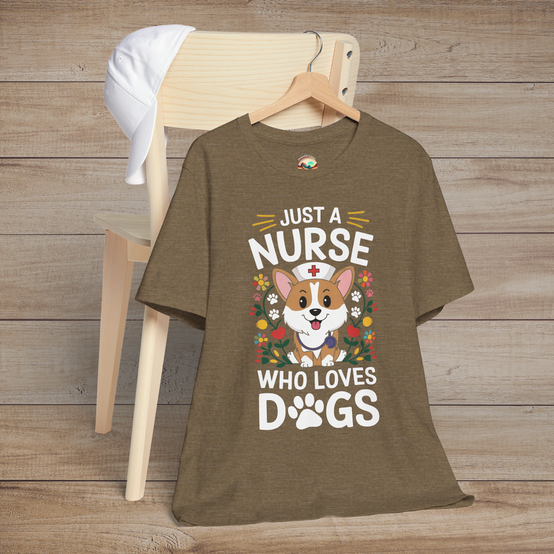Heather olive t-shirt showing smiling cartoon dog and floral design with paw print-themed text Just a Nurse Who Loves Dogs