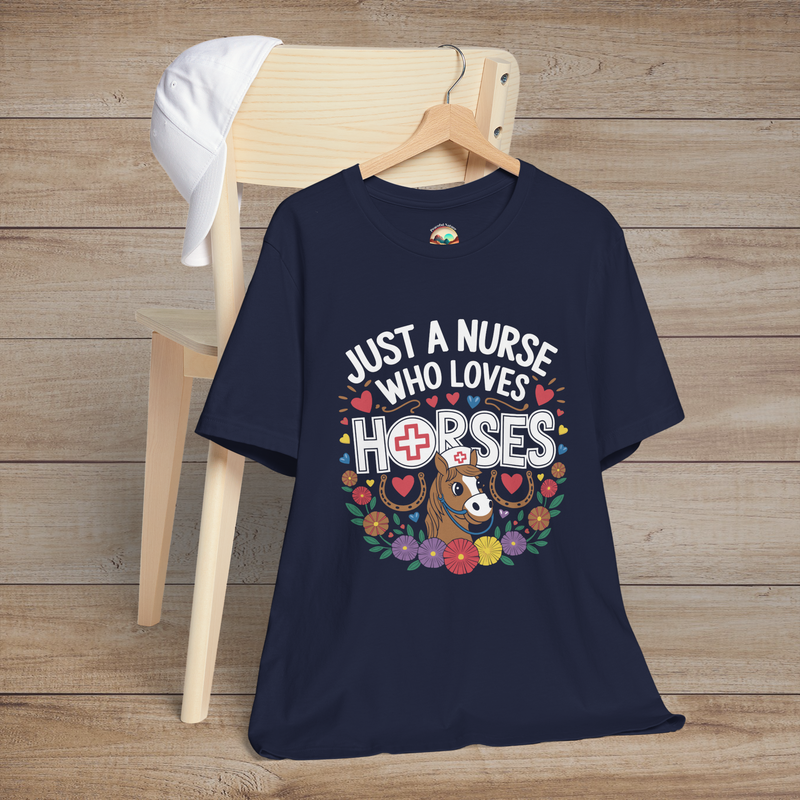 Just a Nurse Who Loves Horses T-Shirt - Cute Equestrian Tee Navy