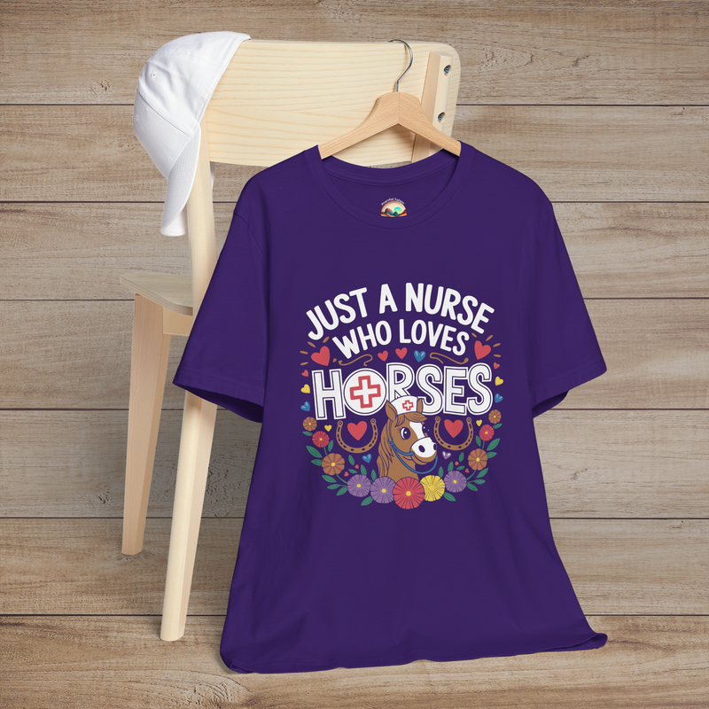 Just a Nurse Who Loves Horses T-Shirt - Cute Equestrian Tee Team Purple
