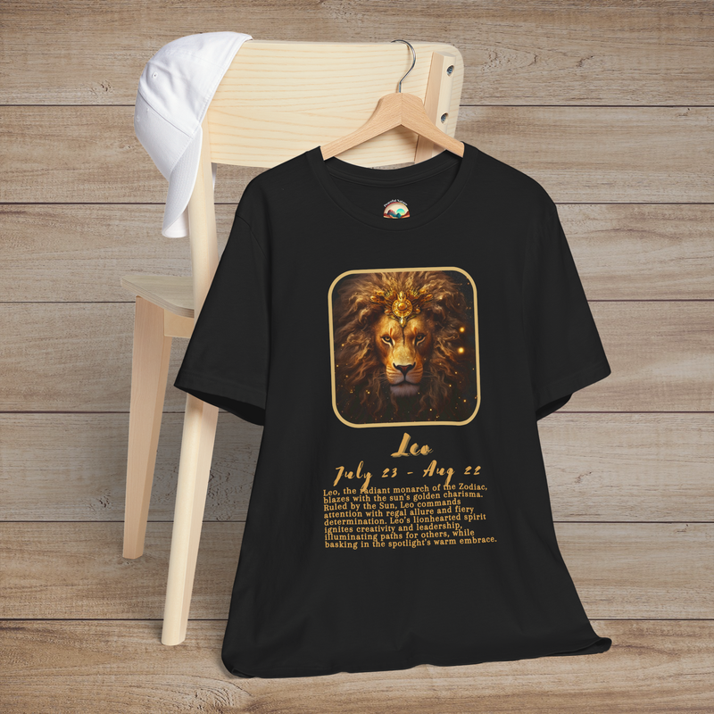 Black Leo Zodiac T-Shirt with a gold lion symbol, birth dates, and traits of leadership and pride