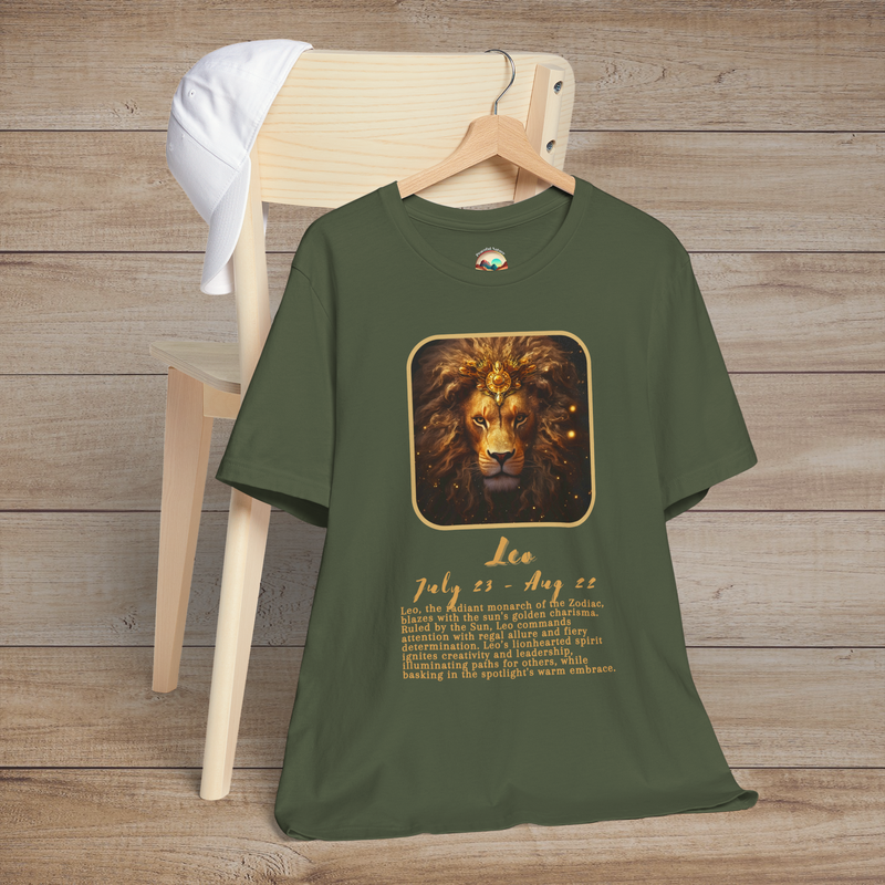 Military green Leo Zodiac T-Shirt representing courage, charisma, and creative zodiac traits