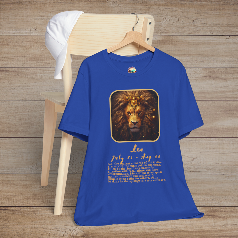 Royal blue Leo Zodiac T-Shirt with a powerful gold lion emblem celebrating Leo’s vibrant energy