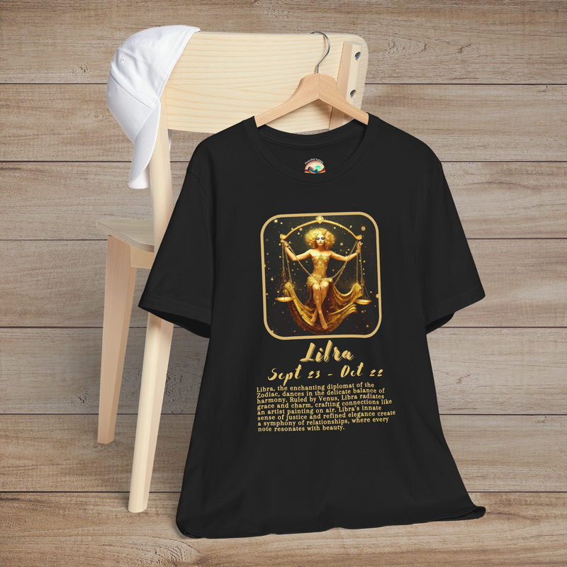 Black Libra Zodiac T-Shirt with a gold scales symbol, birth dates, and traits of harmony and balance