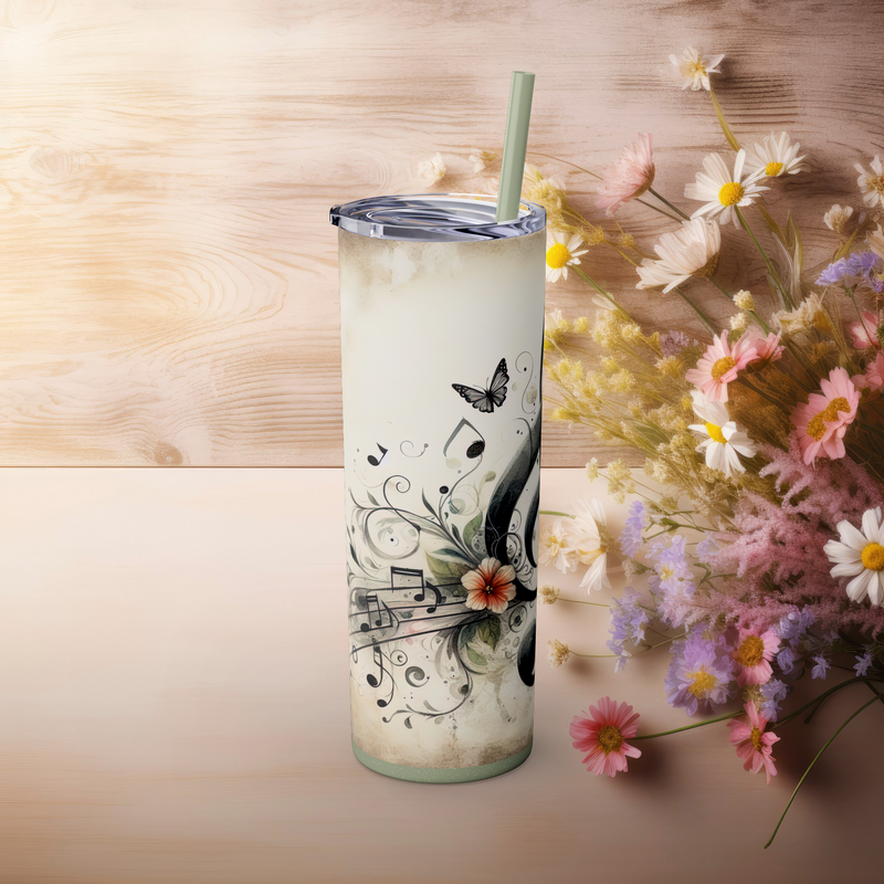 Floral Music Note Skinny Tumbler – 20 oz Insulated Stainless Steel with Straw Glossy Glitter Seascape 20oz