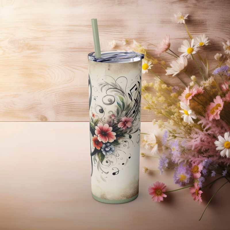 Floral Music Note Skinny Tumbler – 20 oz Insulated Stainless Steel with Straw