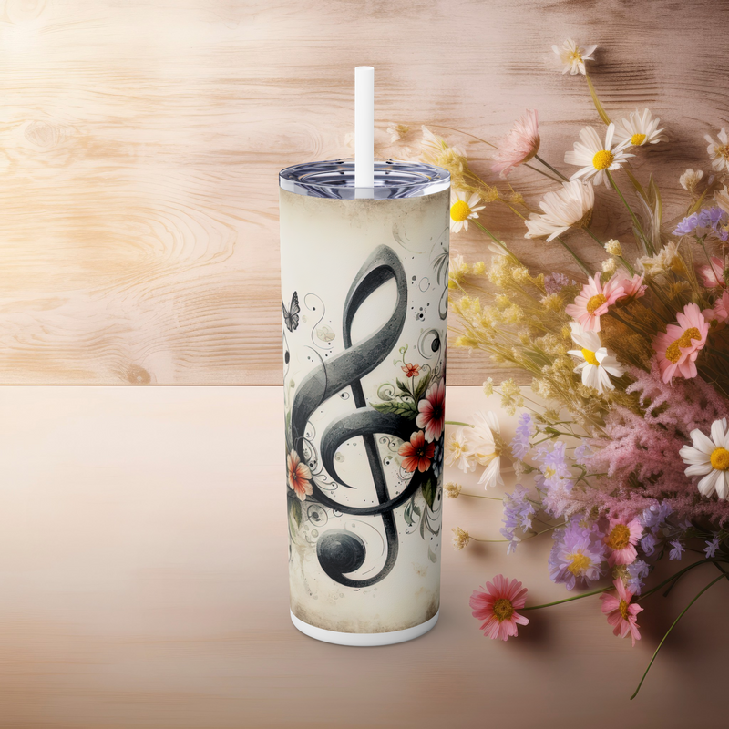 Floral Music Note Skinny Tumbler – 20 oz Insulated Stainless Steel with Straw Glossy White 20oz