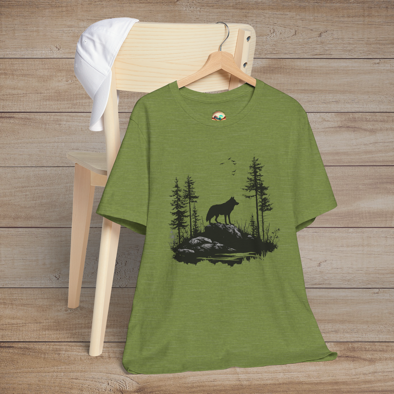 Heather green t-shirt showing a majestic lone wolf on a rocky hill framed by tall trees and birds in flight, representing independence and wilderness spirit
