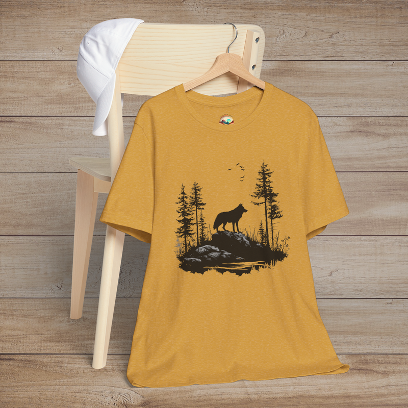 Heather mustard yellow t-shirt featuring a lone wolf howling amidst a serene forest landscape with birds soaring in the sky, perfect for nature lovers