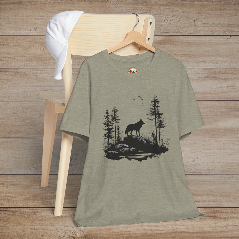 Heather stone t-shirt featuring a bold lone wolf on a rocky ledge with evergreen trees and soaring birds, embodying strength and freedom