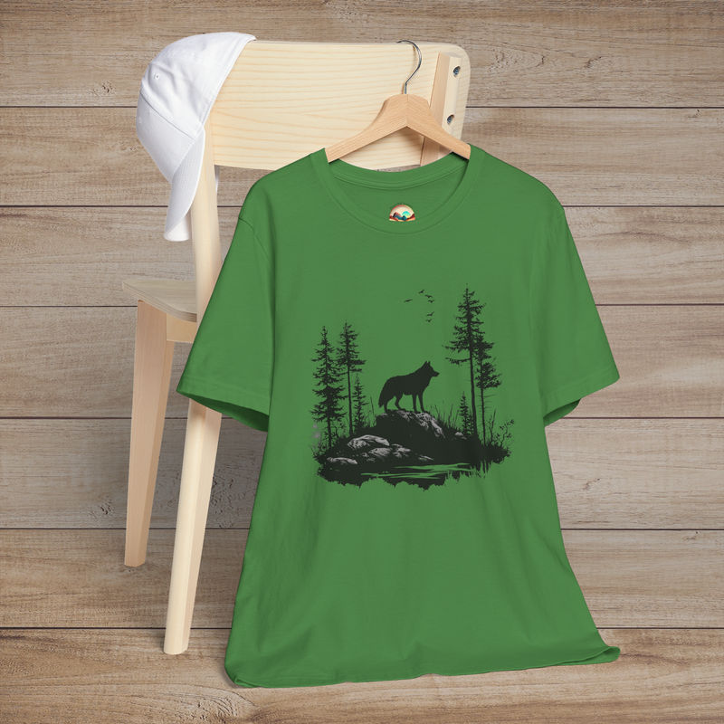 Leaf green t-shirt with a striking design of a lone wolf standing on rocky ground amidst tall pines and birds flying above, representing wild spirit and independence