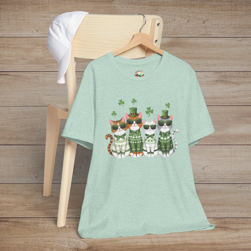 Heather prism mint t-shirt showcasing cute green-dressed cartoon cats with sunglasses and shamrocks for St. Patrick’s Day fun