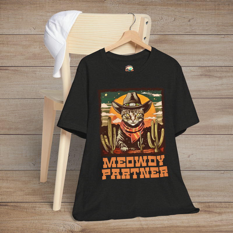 Meowdy Partner Funny Cowboy Cat T-Shirt in Black Heather, featuring a charming cat wearing a cowboy hat and neckerchief, with cacti and vintage Western style