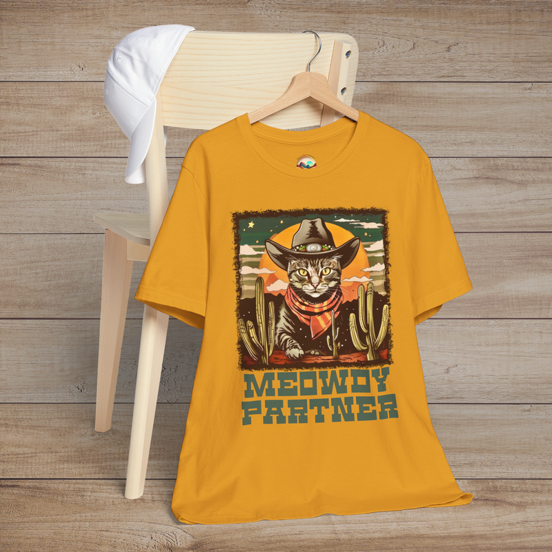 Mustard Yellow Meowdy Partner Funny Cowboy Cat T-Shirt featuring a cute feline cowboy wearing a hat and scarf amidst cacti in a vintage Western theme