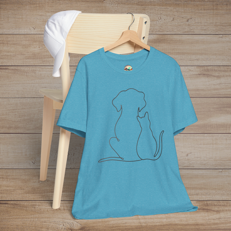 🐾 Loyal Companions – Minimalist Dog & Cat Line Art Tee Heather Aqua