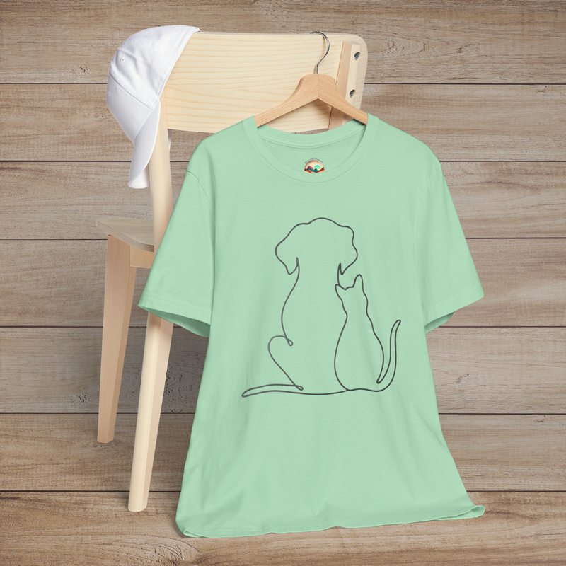 🐾 Loyal Companions – Minimalist Dog & Cat Line Art Tee Mint