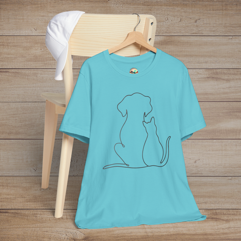 🐾 Loyal Companions – Minimalist Dog & Cat Line Art Tee Turquoise