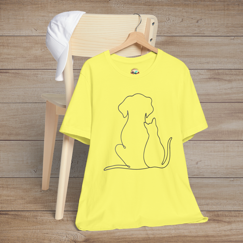 🐾 Loyal Companions – Minimalist Dog & Cat Line Art Tee Yellow