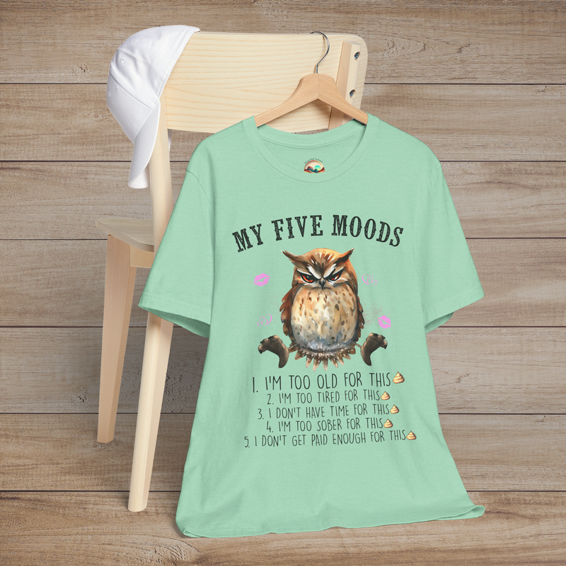 The My Five Moods T-Shirt – Funny & Sarcastic Owl Tee for Adults Heather Mint