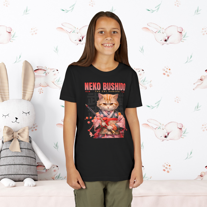 Youth wearing a black "Neko Bushido Cat Samurai" t-shirt with an illustrated orange samurai cat, katana, and Japanese calligraphy