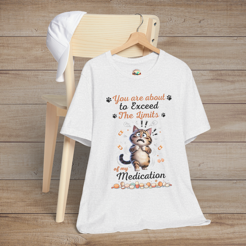 Funny ash white t-shirt with a cat graphic and text on a wooden background