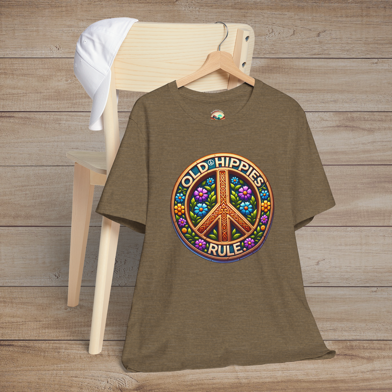 The Old Hippies Rule T-Shirt - Retro Peace & Love Design Heather Olive