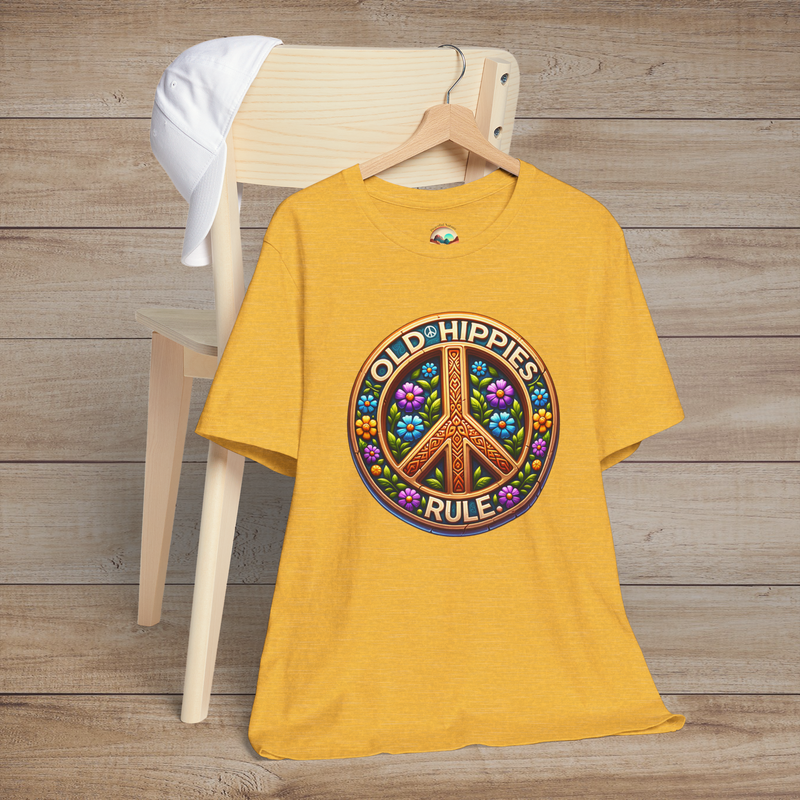 The Old Hippies Rule T-Shirt - Retro Peace & Love Design Heather Yellow Gold