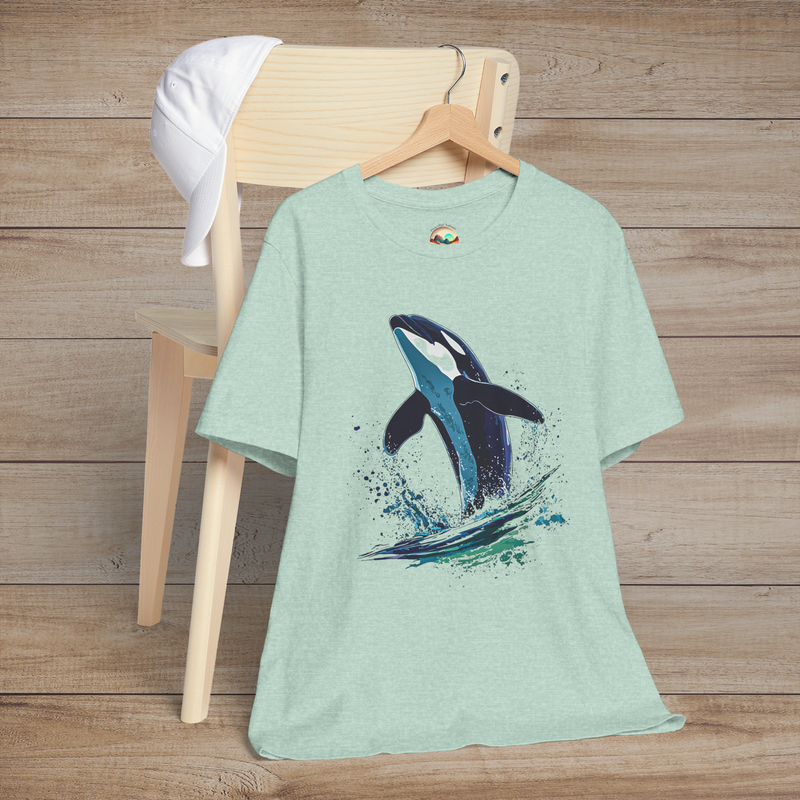 Mint green heather tee showing a playful orca breaching from teal waves