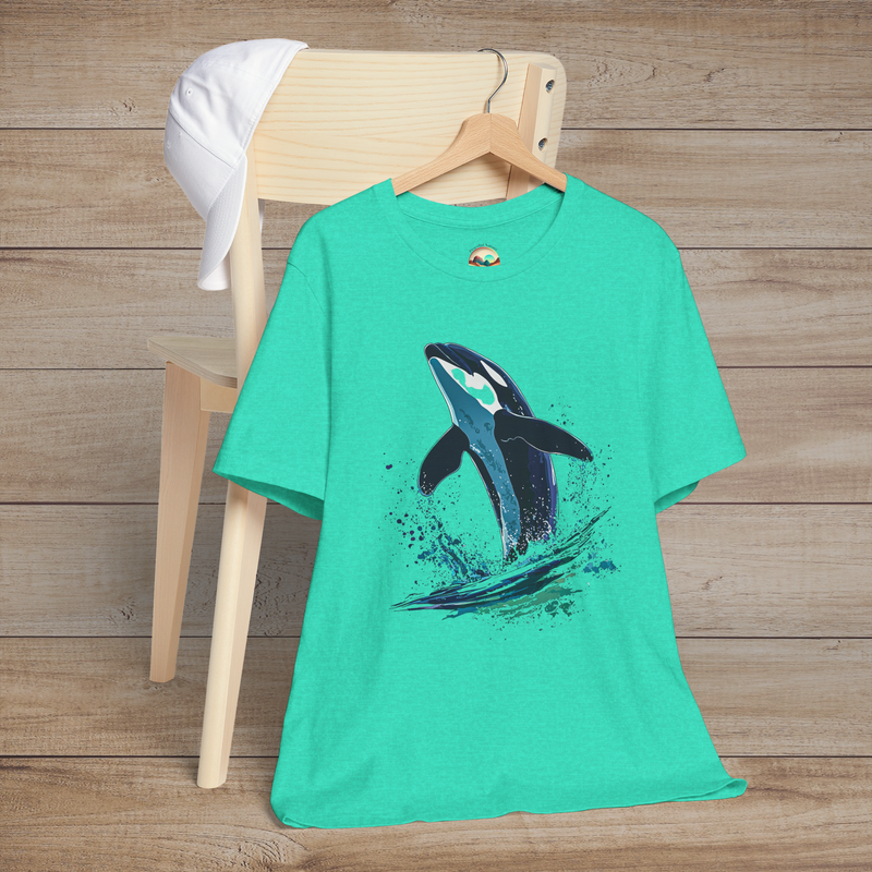 Sea green t-shirt with stylized orca leaping from ocean splash art