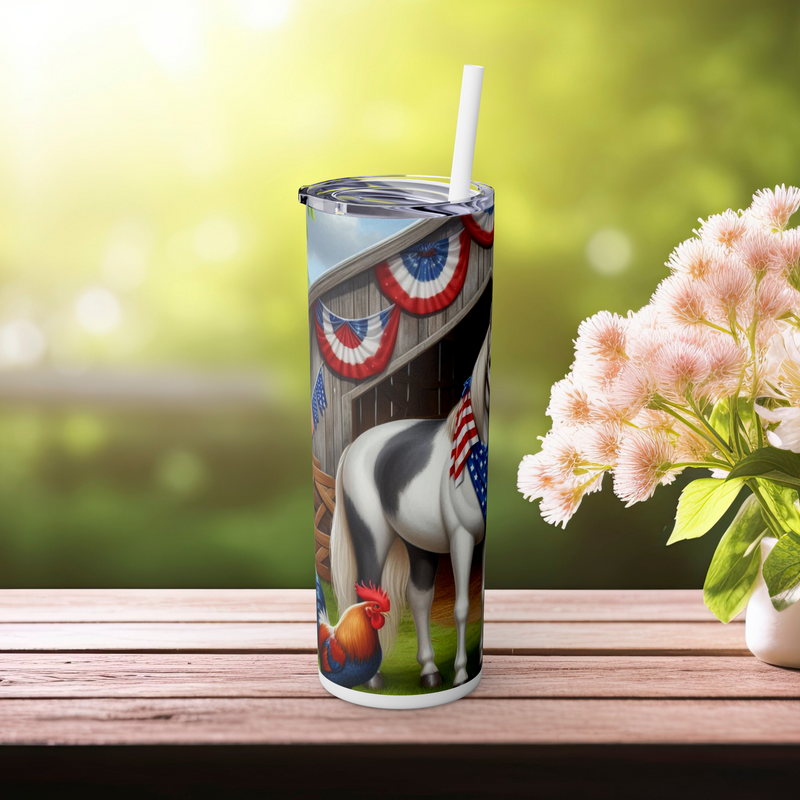 Back side of patriotic tumbler showing red rooster and barn with bunting
