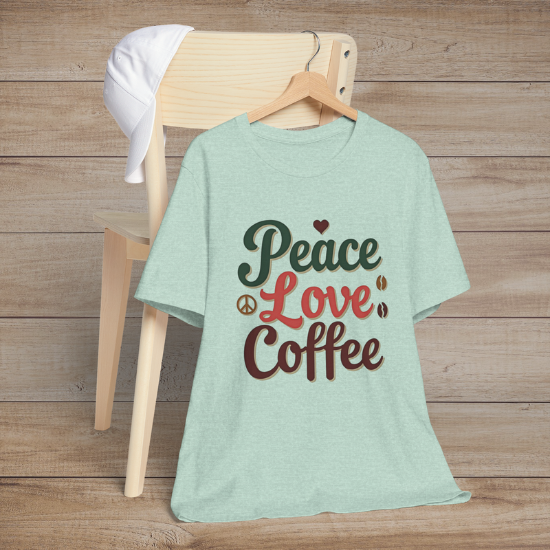 ☕ Peace. Love. Coffee. – Premium Retro Graphic Tee for Caffeine Enthusiasts Heather Prism Mint