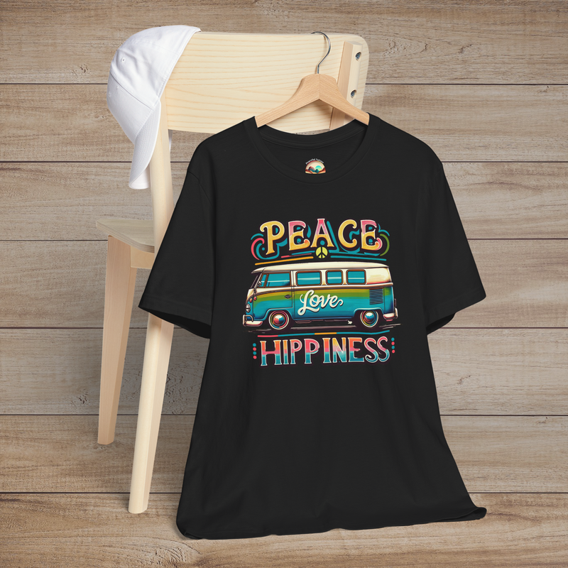 Black unisex t-shirt featuring a colorful retro van design with the words "Peace Love Hippiness"