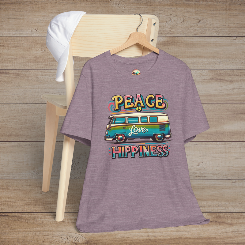Heather purple unisex t-shirt featuring a colorful retro van design with the words "Peace Love Hippiness"