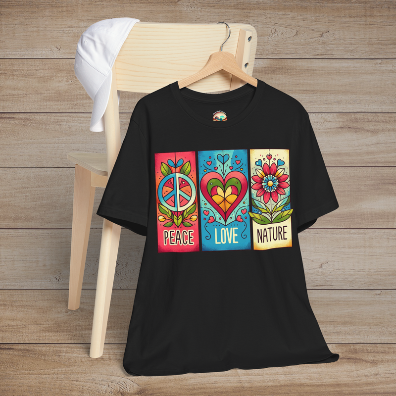 Black Peace Love and Nature T-Shirt shown against a rustic wood backdrop, highlighting a bright, artistic graphic of peace, heart, and floral icons. A bold yet soft tee for lovers of hippie fashion and meaningful design