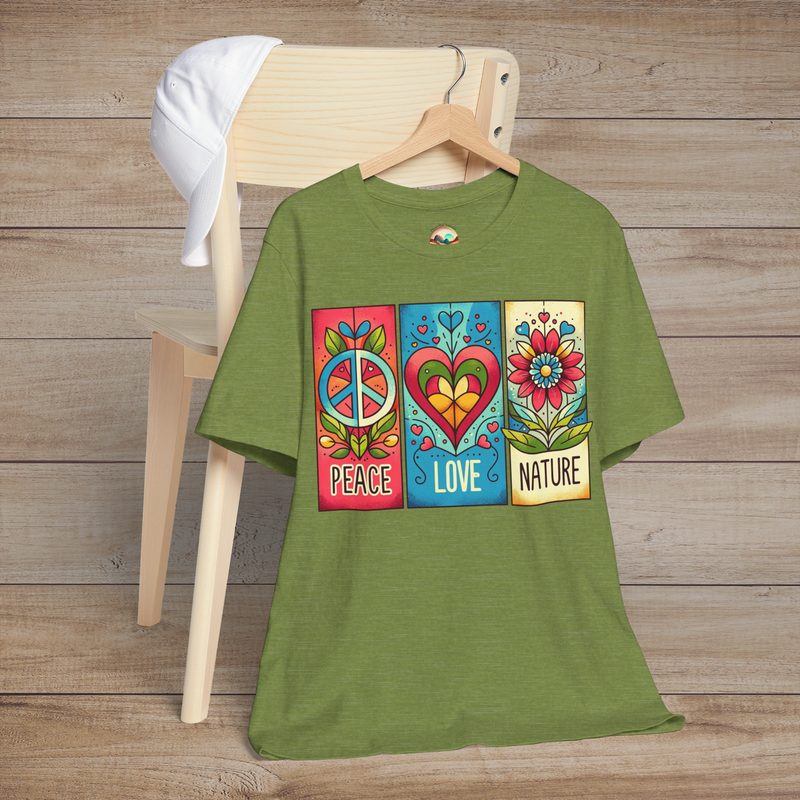Heather green Peace Love and Nature T-Shirt with a vintage boho design of peace, heart, and floral illustrations in cheerful, nature-inspired hues. A relaxed fit tee perfect for eco-conscious hippie style