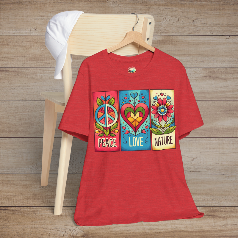 Heather red version of the Peace Love and Nature T-Shirt with a bright, retro design showcasing peace, love, and nature blocks in vivid festival tones. Great for bohemian spirits and artistic souls