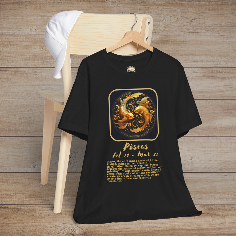Black Pisces Zodiac T-Shirt featuring a gold Pisces fish symbol with birth dates and a dreamy, compassionate astrology description