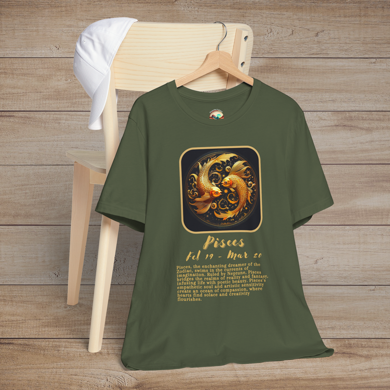 Military green Pisces Zodiac T-Shirt with a detailed golden Pisces emblem and inspiring astrological text for creative souls