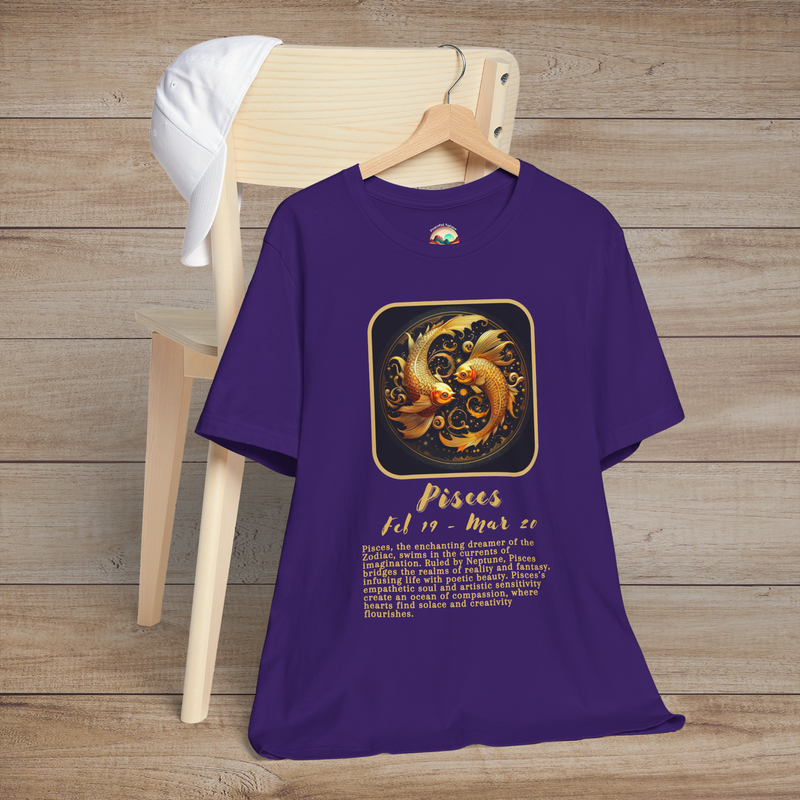 Purple Pisces Zodiac T-Shirt showcasing a golden twin fish illustration, astrological dates, and a heartfelt message of empathy and creativity