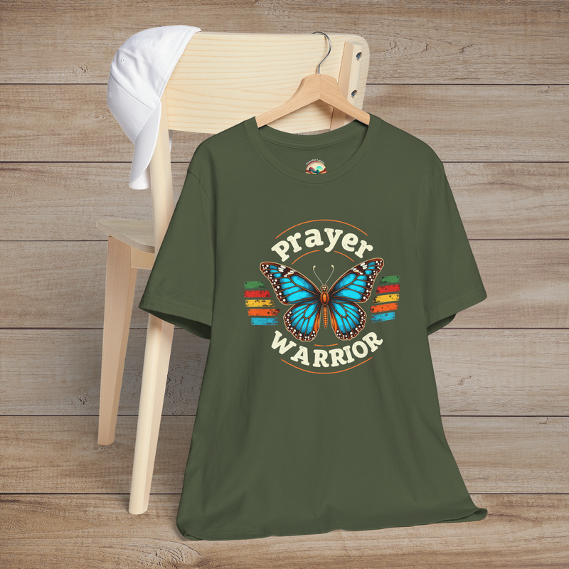 The Prayer Warrior Butterfly T-Shirt - Retro Boho Faith Premium Tee Military Green