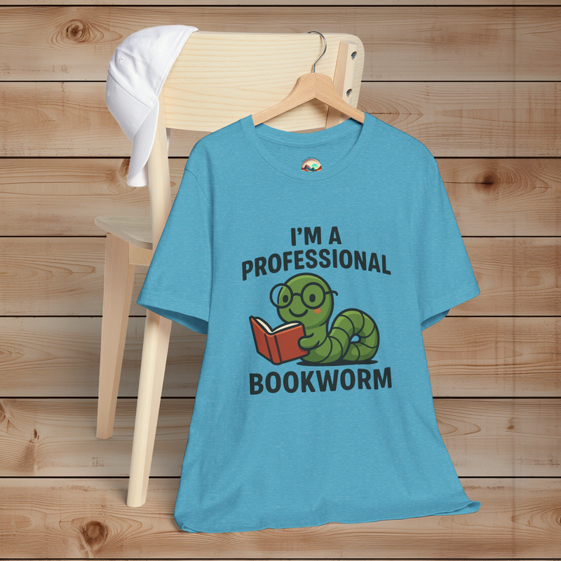 Heather aqua t-shirt with 'I'm a Professional Bookworm' graphic on a wooden chair.