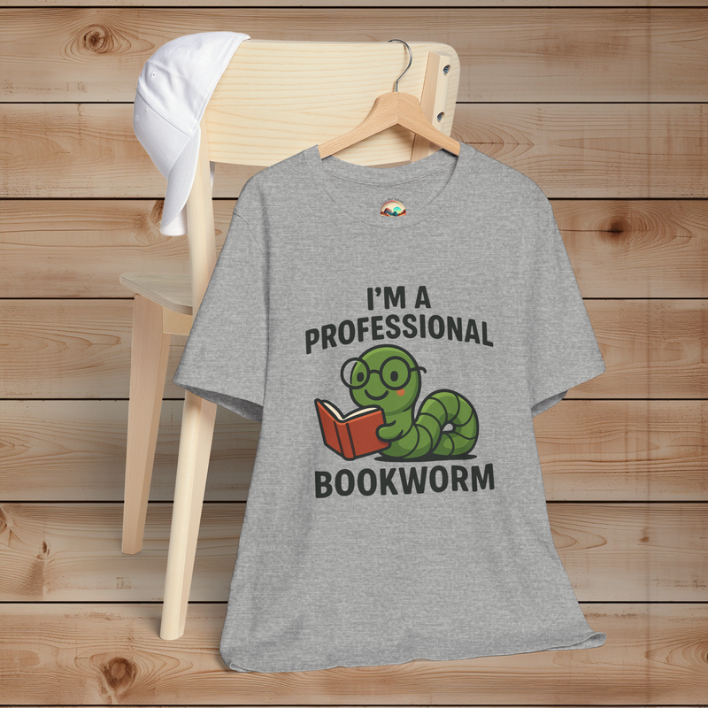 Gray t-shirt with 'I'm a Professional Bookworm' design on a wooden background