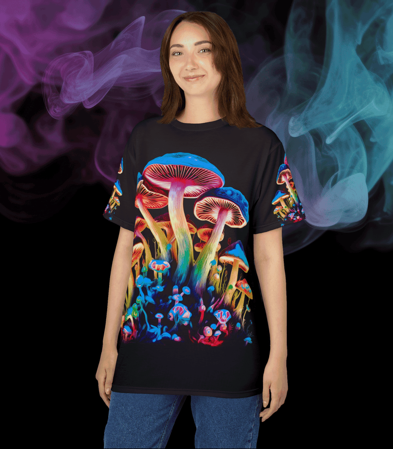 The Psychedelic Mushrooms All-Over-Print T-Shirt - A Wearable Masterpiece Black stitching