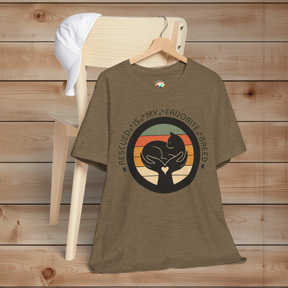 Heather Olive cat rescue T-shirt – ‘Rescued Is My Favorite Breed’ retro design with circular sunset stripes and silhouette cat